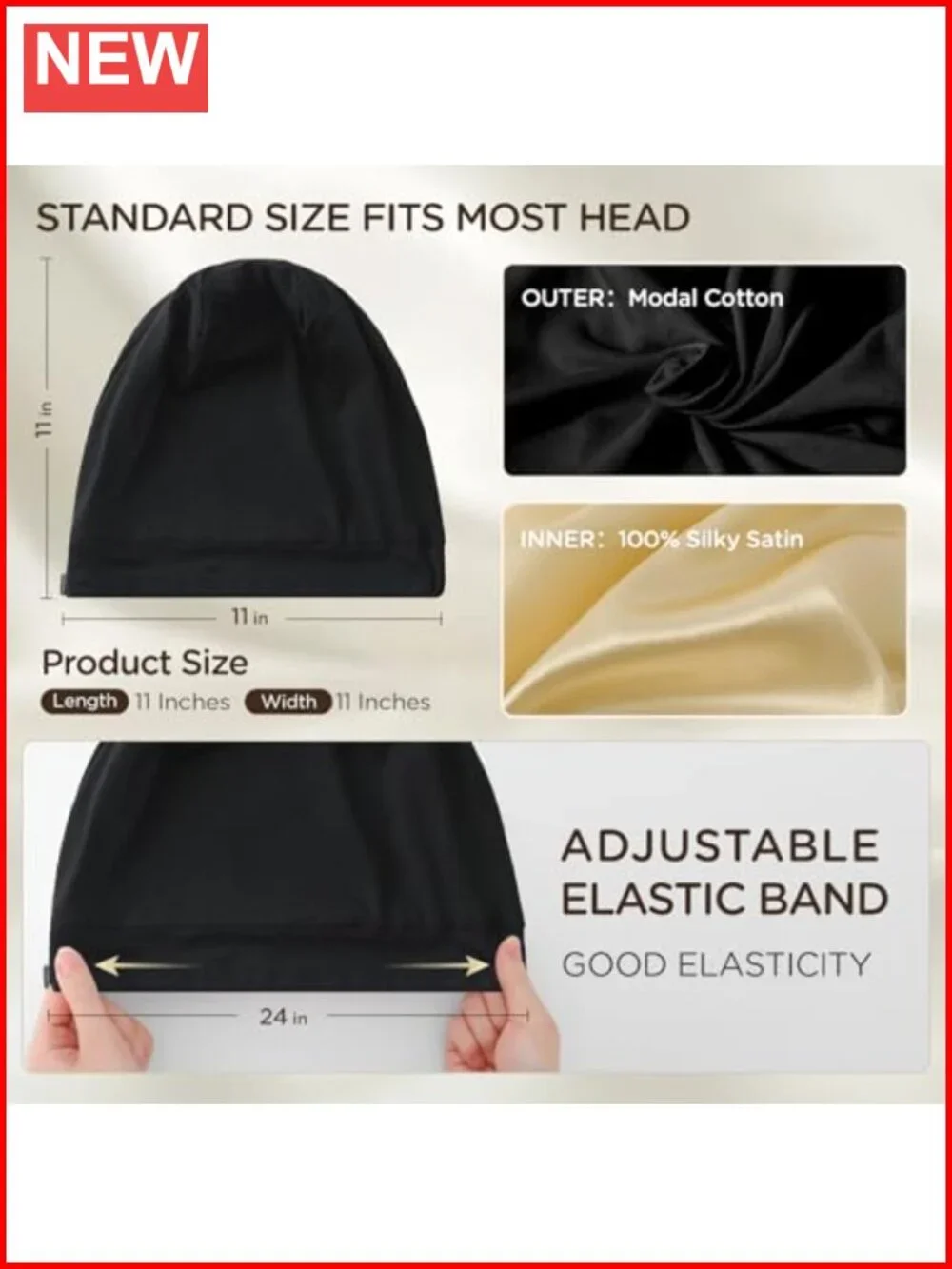 Satin Lined Bonnet for Sleeping - Adjustable Night Sleep Cap